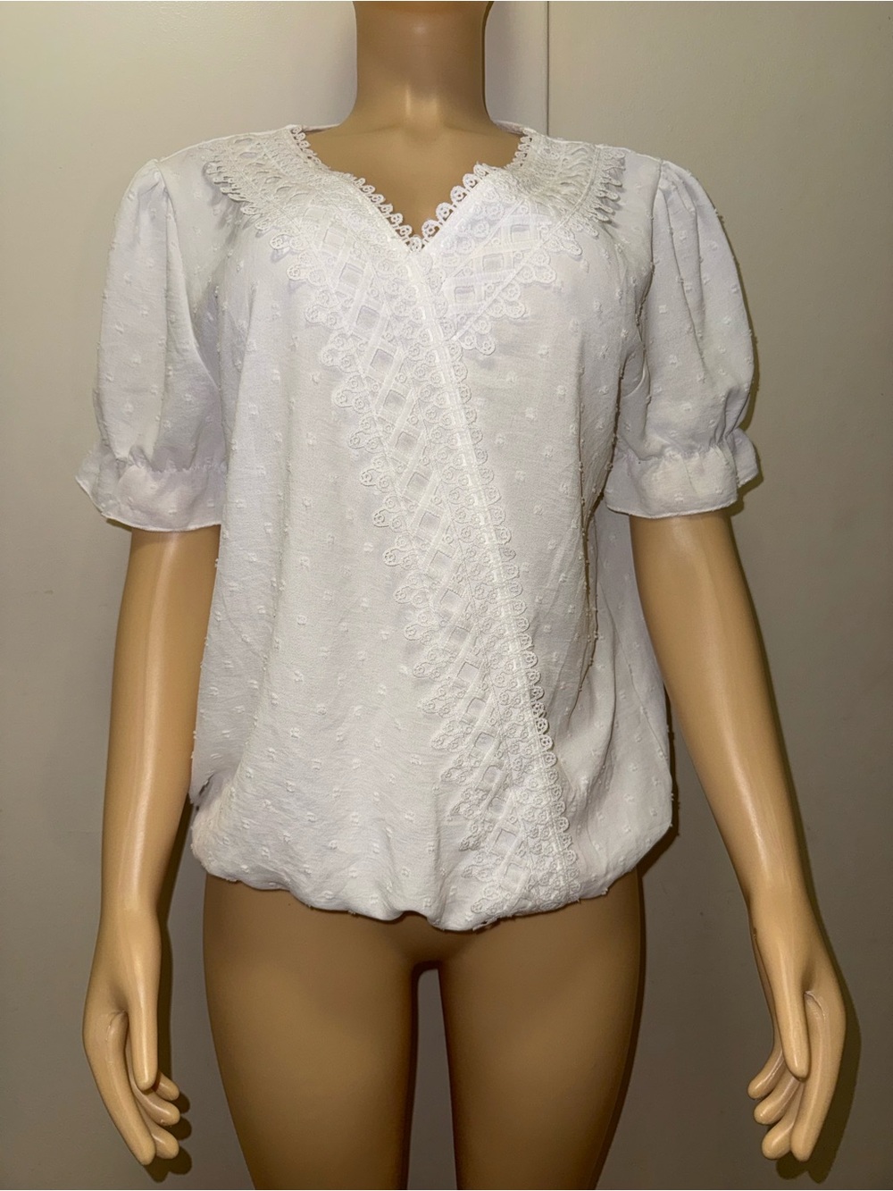 White Lace-Trim Puff Sleeve Blouse - Unbranded